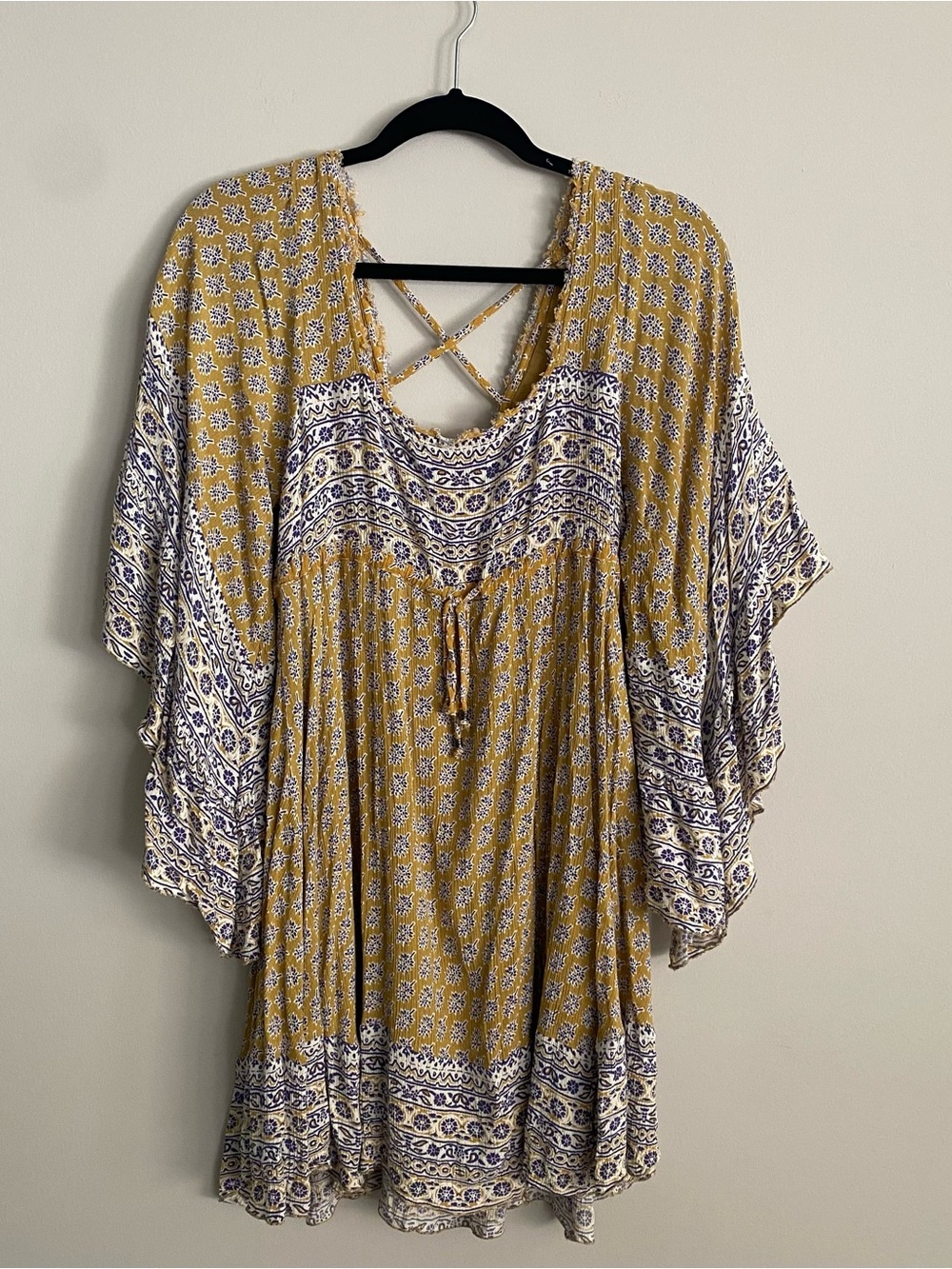 Free People Heart of Gold  Dress Yellow Blue Bell Sleeve boho cottage whimsy